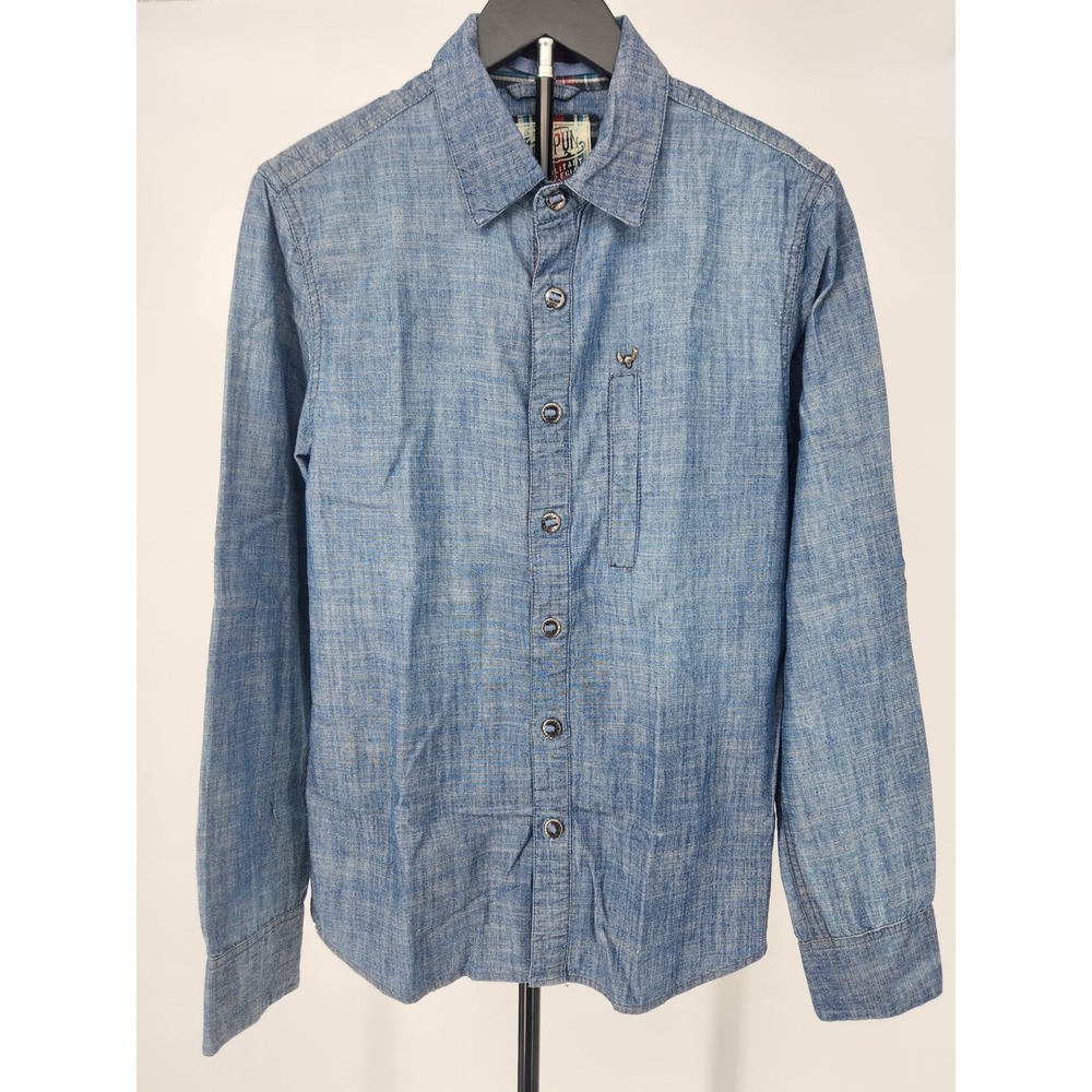 Ringspun Wideboy Mens Small Blue Chambray Plaid Elbow Patch Button Down Shirt